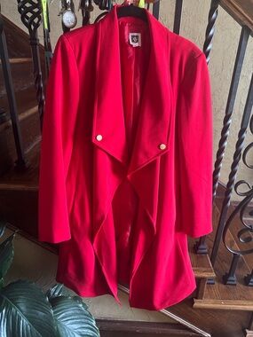 Anne Klein Red Draped Open-Front Blazer with Gold Buttons